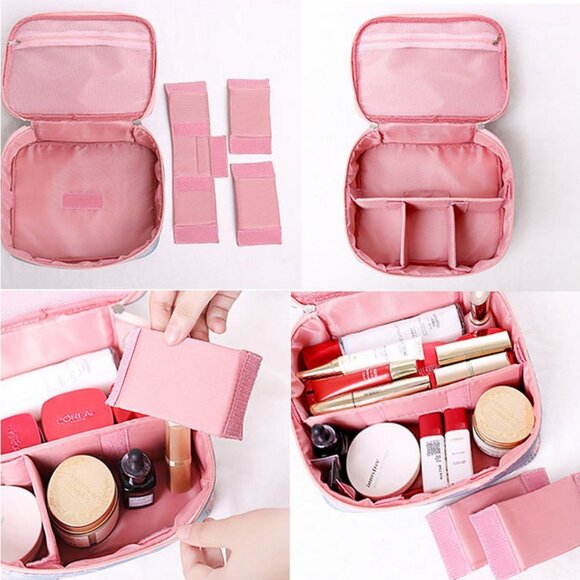 Cosmetic Makeup Travel Bag Organizer in Grey Blue Pink with Flamingos - Picture 2 of 4